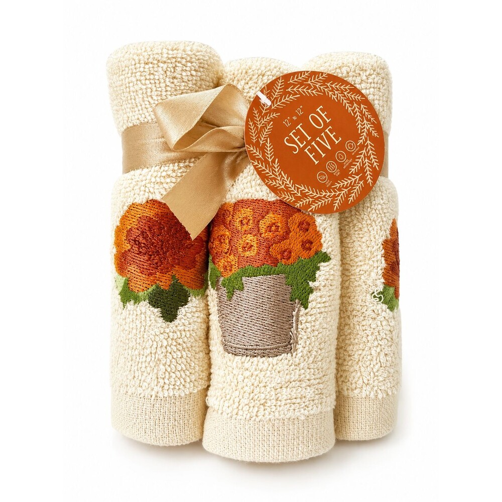 Thanksgiving Floral Washcloths Set of 5 Beige Embroidered Fall Face Cloths